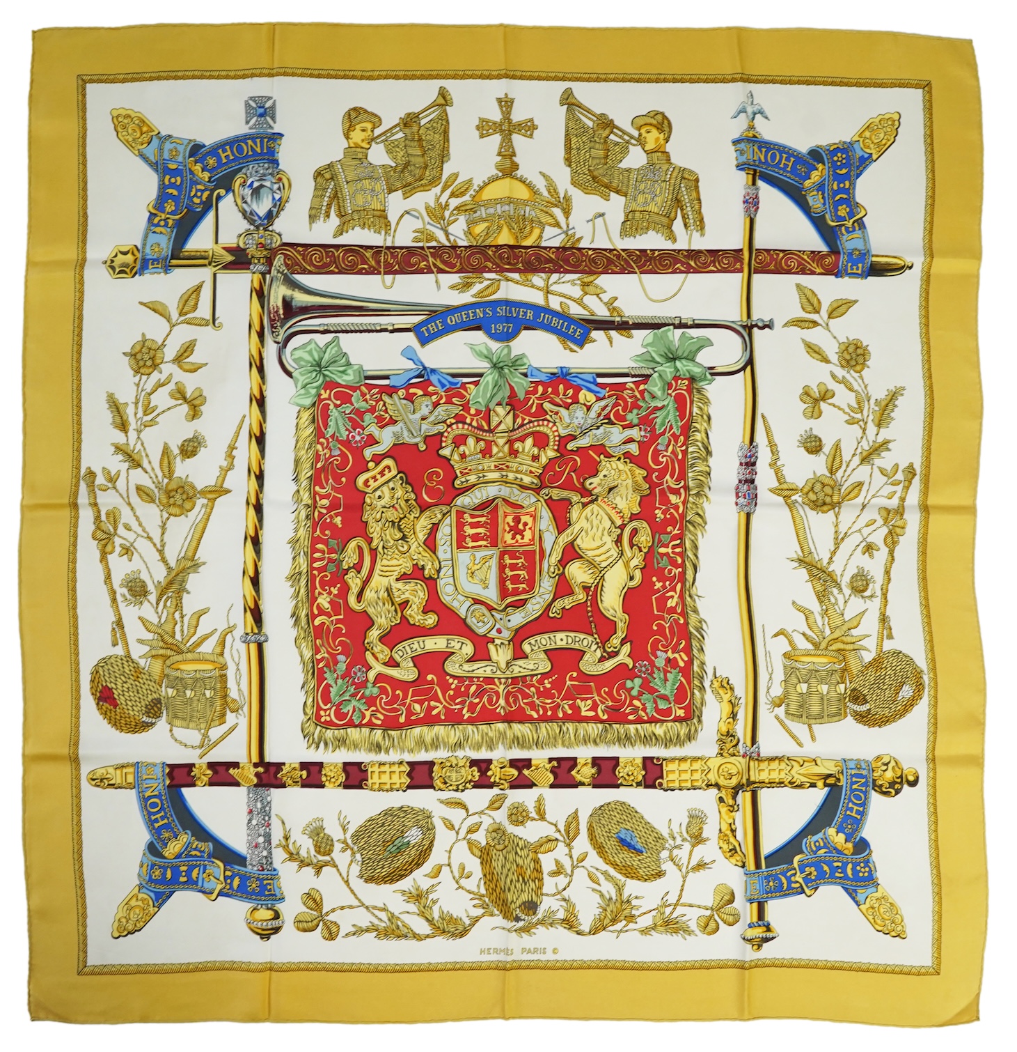 A Hermes silk The Queens Silver Jubilee silk scarf, 86 x 87cm